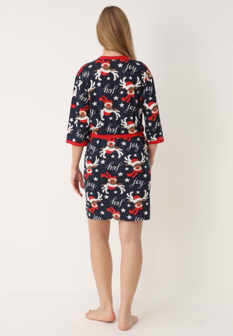 Halat dama Craciun,maneci 3/4,imprimeu reni ,culoare bleumarin ,En-gros